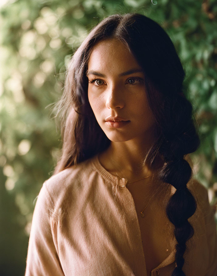 Portrait of woman with braid in beige blouse against green foliage