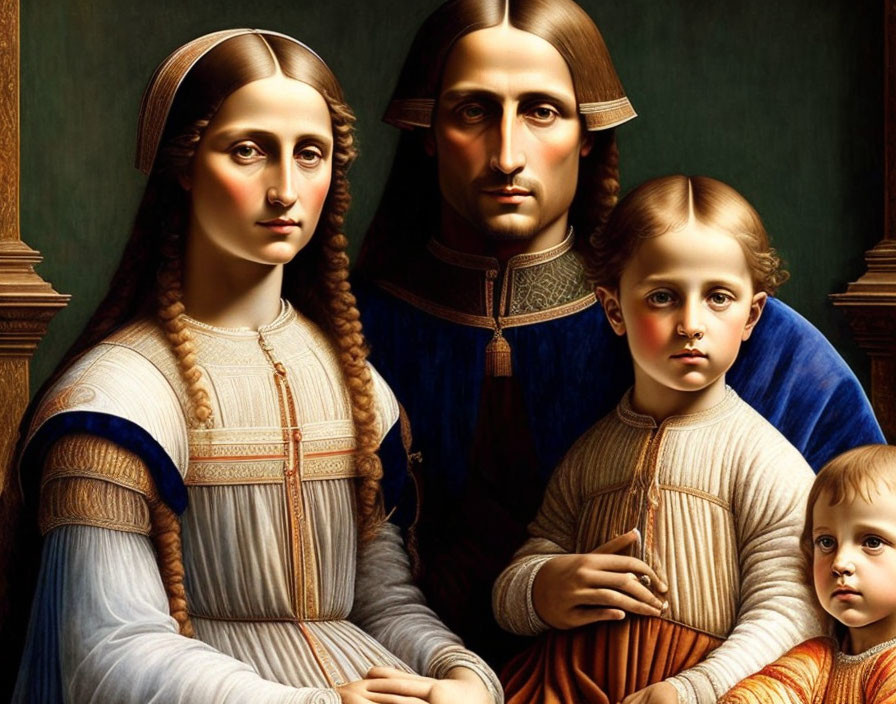 Renaissance-style family portrait with man, woman, and two children in period attire