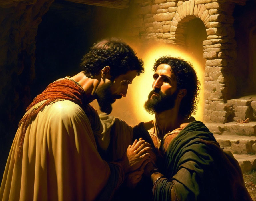 Historical men in emotional embrace with radiant halo in stone setting