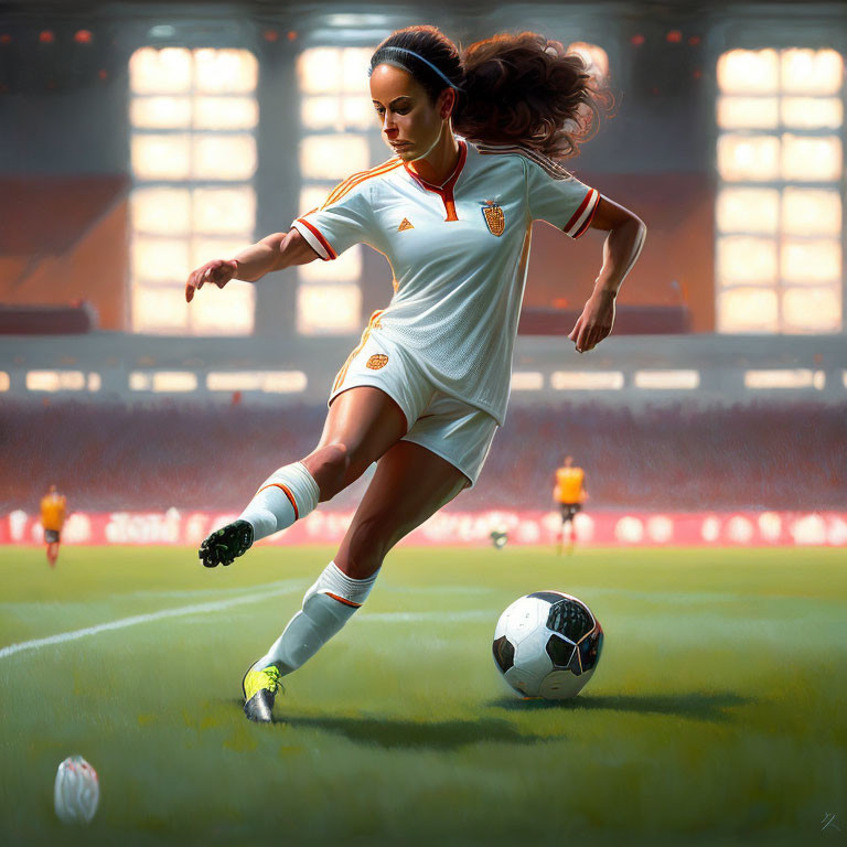 Female soccer player kicking ball on sunny field with stadium in background