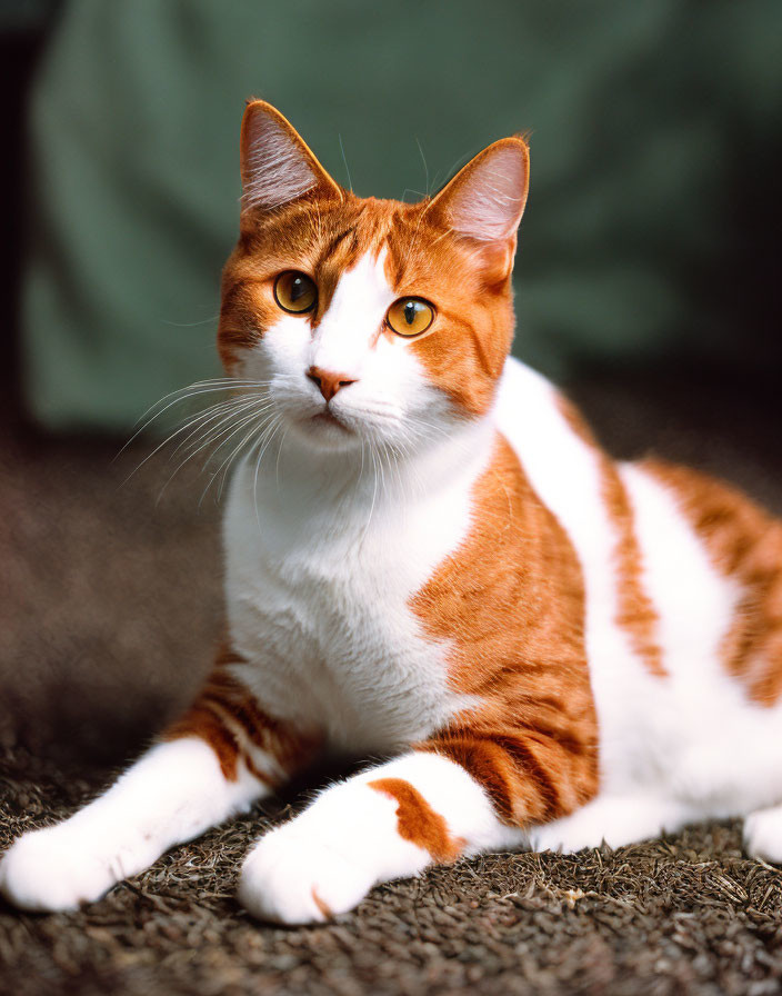 Orange and White Cat with Yellow Eyes Resting on Rough Textured Surface