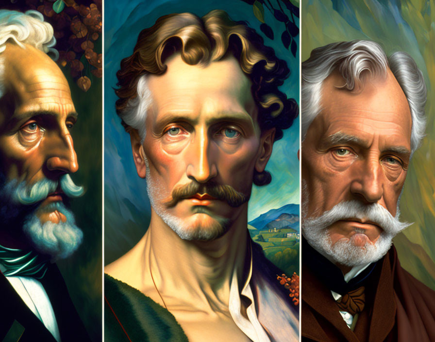 Stylized portraits of men with facial hair in historical attire