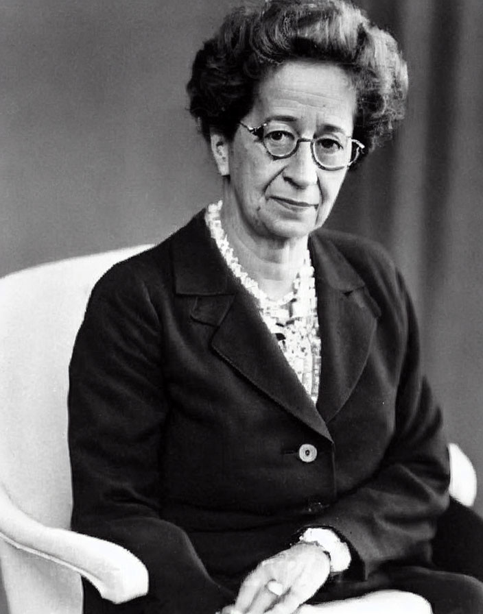 Monochrome image of seated woman in blazer and glasses