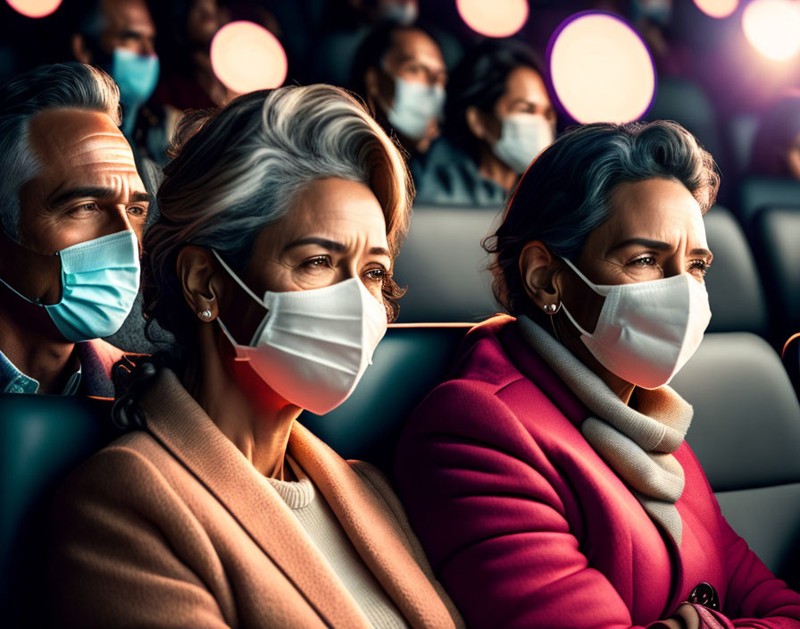 Theater audience in face masks under colorful lights