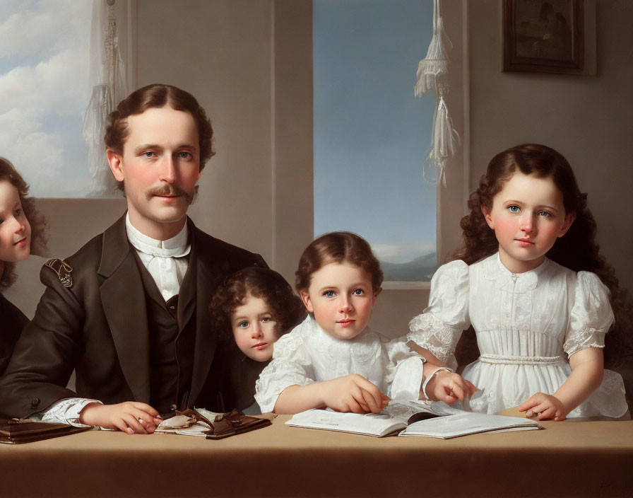 19th-Century Oil Painting: Gentleman with Children and Mountains