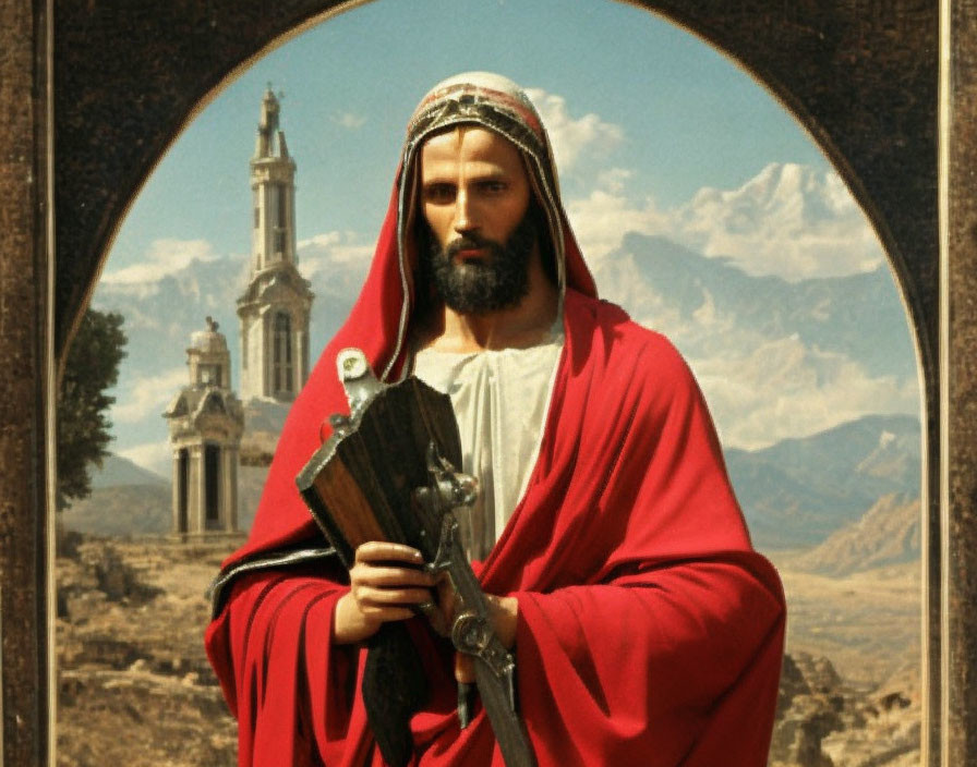 Religious figure with red cloak and cross in landscape setting with church visible.