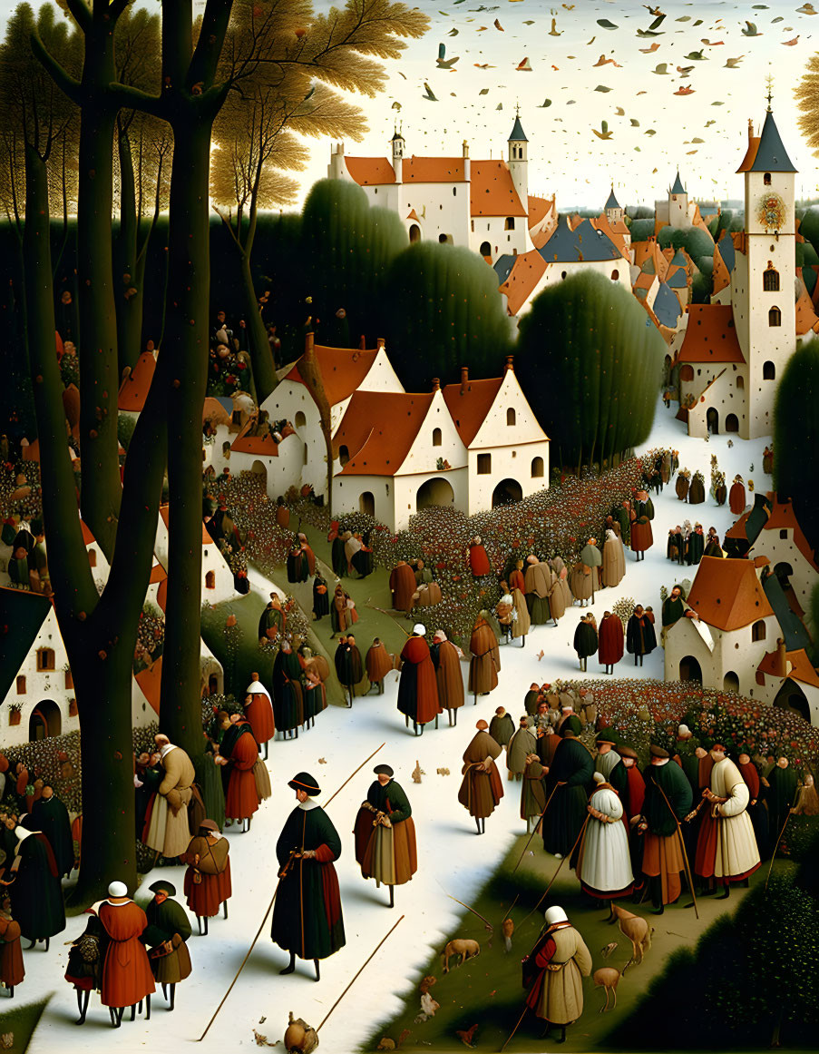 Medieval village painting with people, buildings & forest landscape