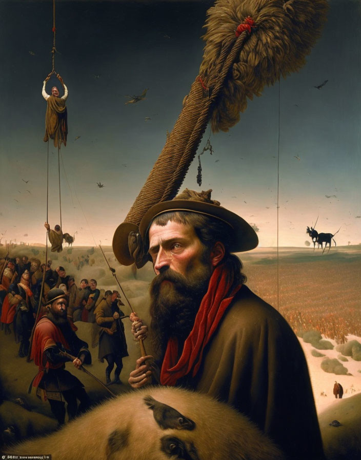 Giant man in feathered hat gazes into distance with small figures and animals in painting.