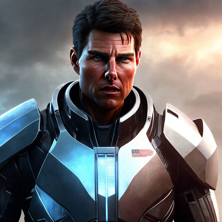 Detailed 3D-rendered male character in futuristic armor suit with brown hair against stormy sky