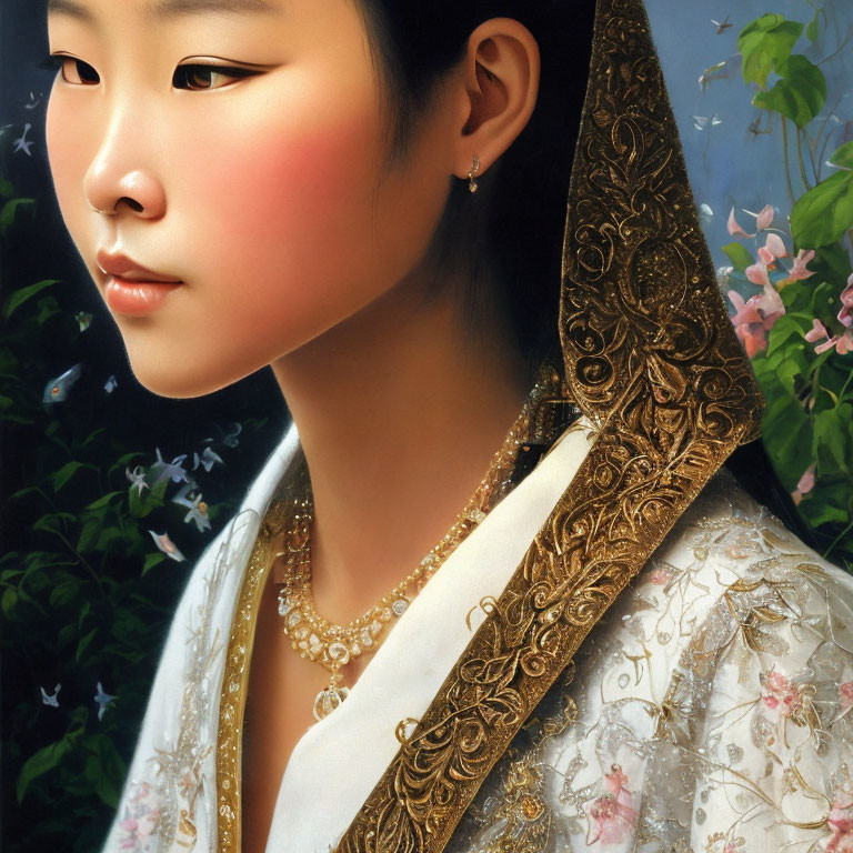 Asian girl in traditional attire with gold embroidery against floral backdrop