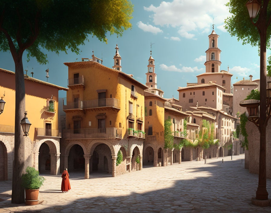 Historic cobblestone street with old buildings and lone figure in red.