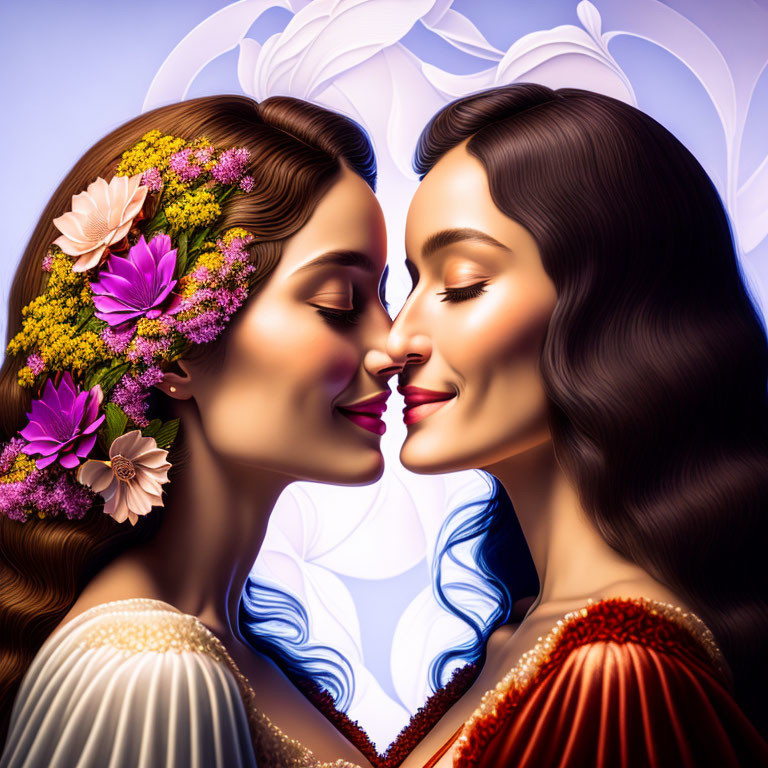 Digital art portrait of two identical women with floral crowns, touching noses against floral backdrop