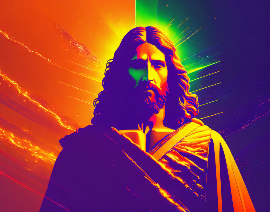 Colorful Jesus-like figure with multicolored aura in cosmic background.