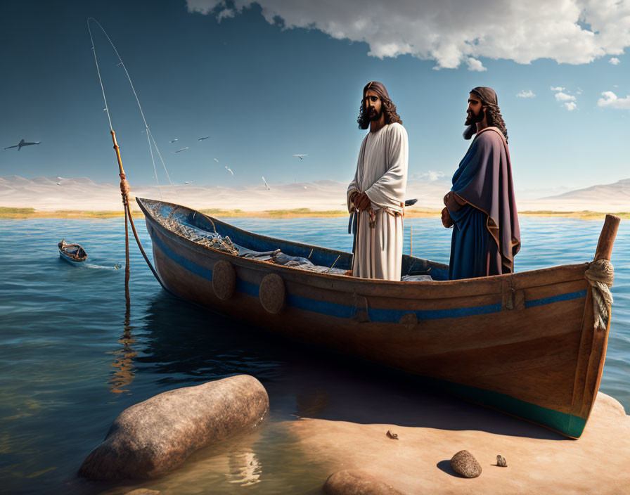 Historical individuals in wooden boat on serene lake with fish, mountains in distance