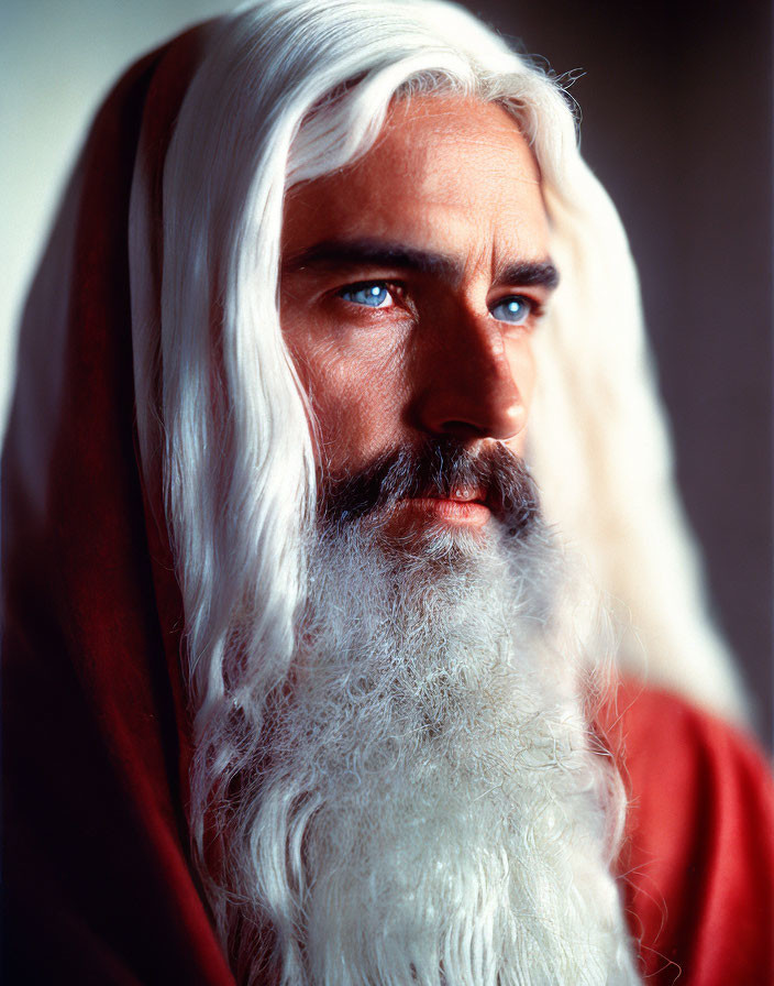 Man with Blue Eyes and Red Cloak in Profile View