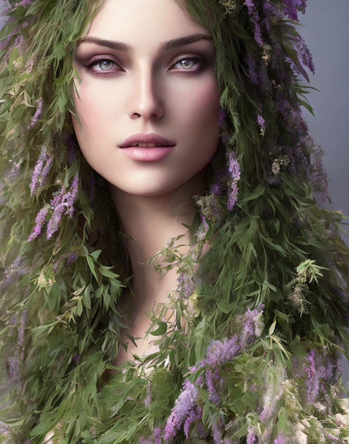 Portrait of Woman with Green Foliage and Purple Flowers in Hair