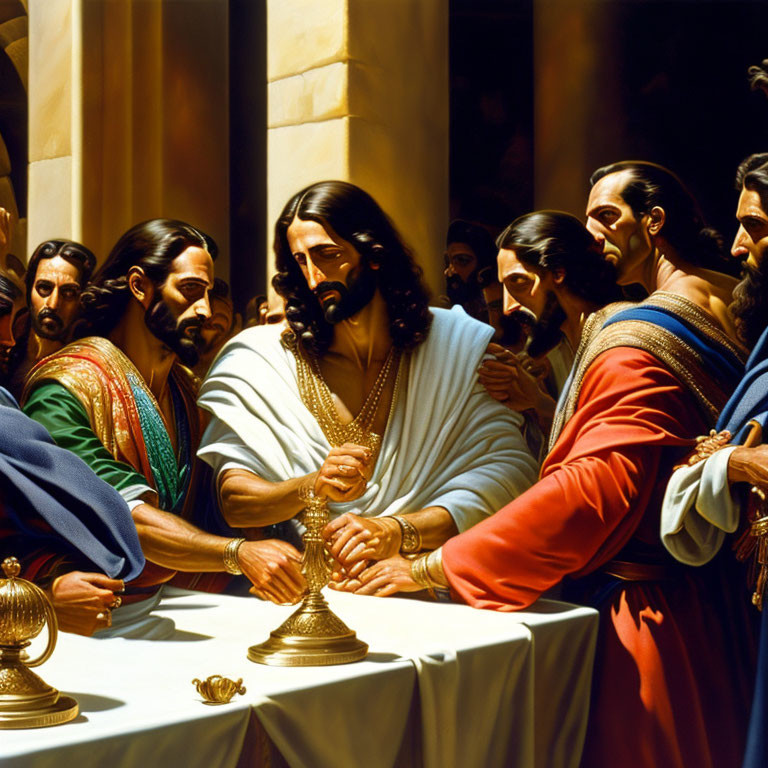 Men in Ancient Attire Gathered Around Table Depicting Historical or Religious Event