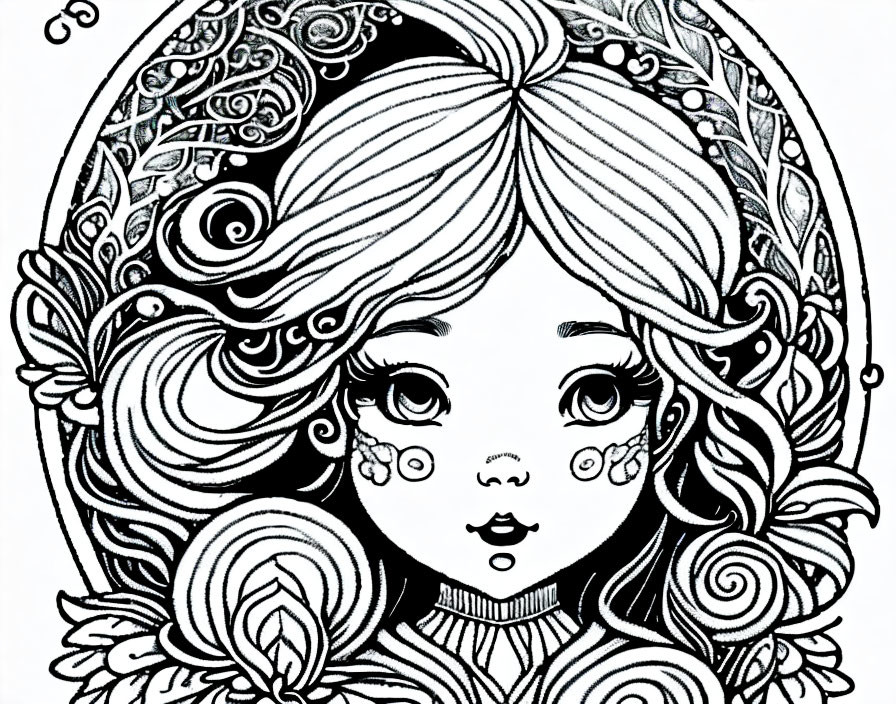 Monochrome illustration of a young girl with expressive eyes and decorative floral patterns