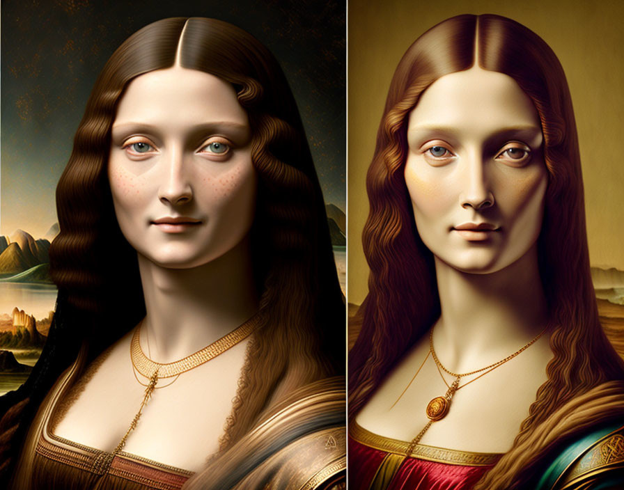 Stylized digital portraits resembling Mona Lisa in fair and warm skin tones against picturesque landscapes