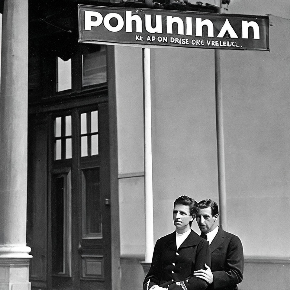 Vintage-clad men under "POHUNIN AN" sign, architectural background with door and window