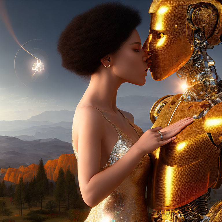 Woman kissing humanoid robot with mountain backdrop at dusk