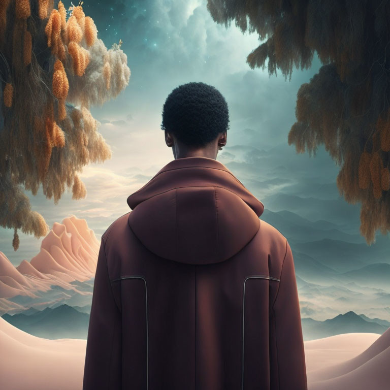 Person in brown coat gazes at surreal landscape with sand dunes, tree silhouettes, and