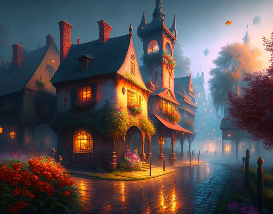 Enchanted evening scene with charming cottage in misty village