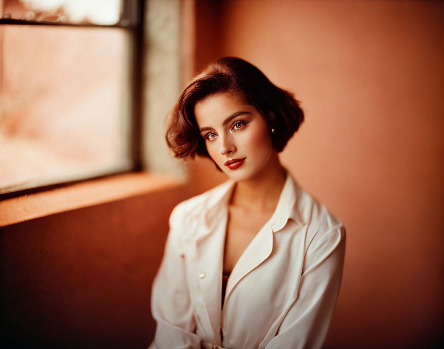 Dark-haired woman in white blouse near window, illuminated by warm light