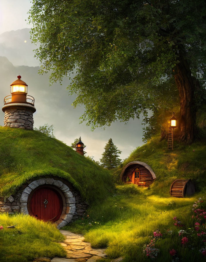 Fantasy landscape with hobbit-style houses, cobblestone path, lighthouse, lush hills,