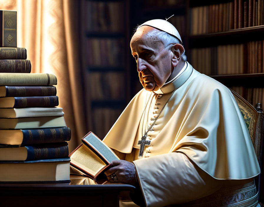 Papal attire-clad man reading book in dramatic lit room