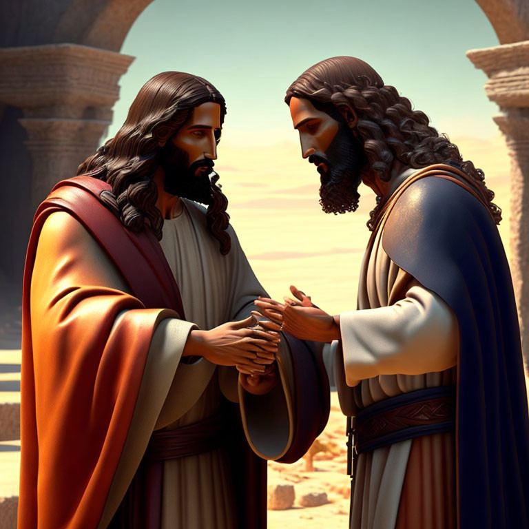 Two male figures in ancient robes with long hair and beards converse in desert setting