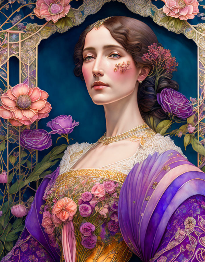 Detailed Portrait of Woman with Flower Face and Purple Robe