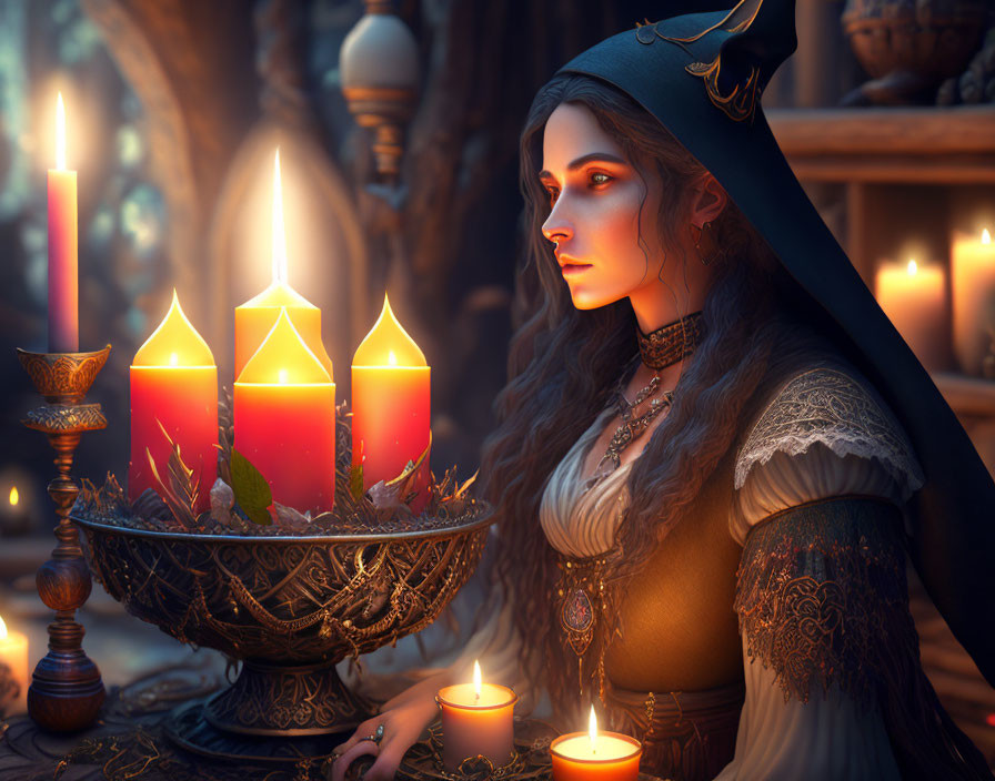 Medieval woman in hooded attire with candles in dimly lit room