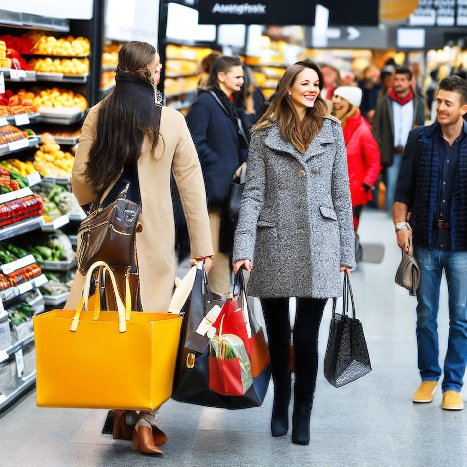 Two fashionable women shopping in a busy supermarket with fresh produce and other shoppers.