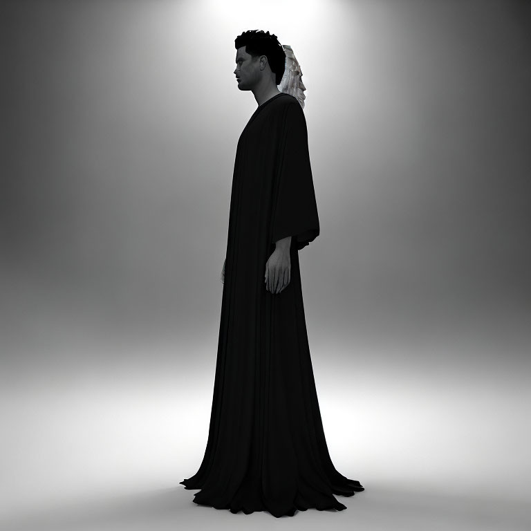 Person in Dark Flowing Robe Contemplating in Dim Light