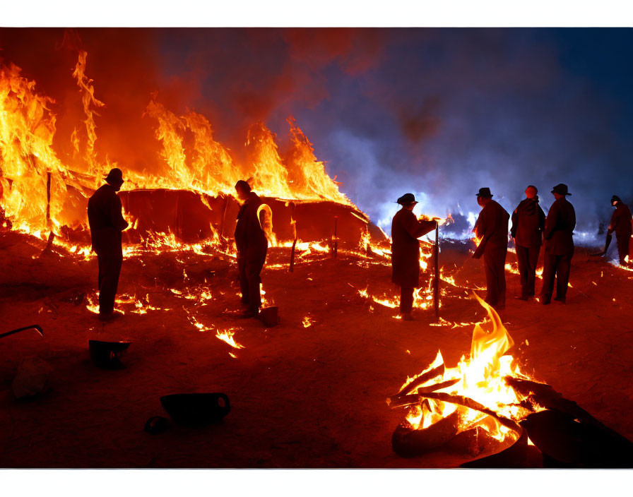 Silhouettes around large outdoor blaze at night