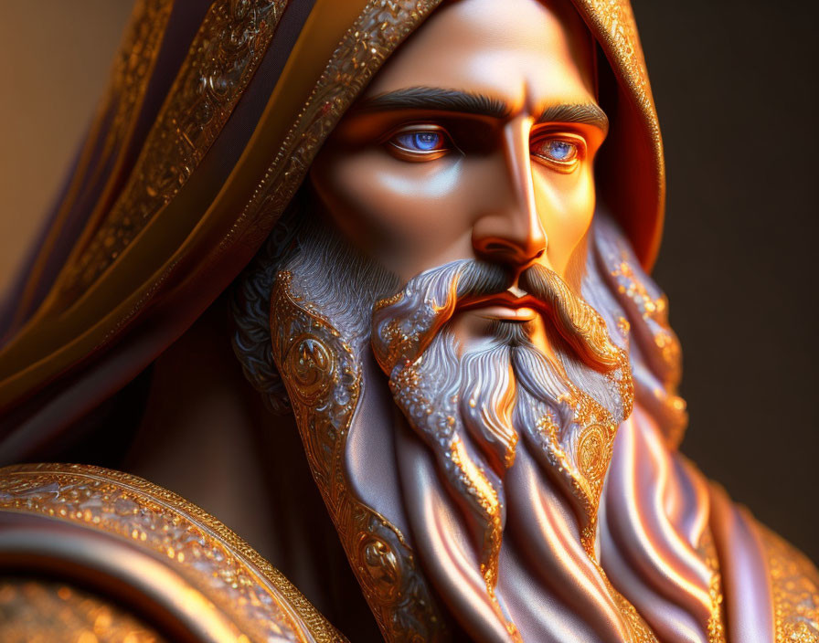 Regal bearded figure in ornate golden garb with blue eyes