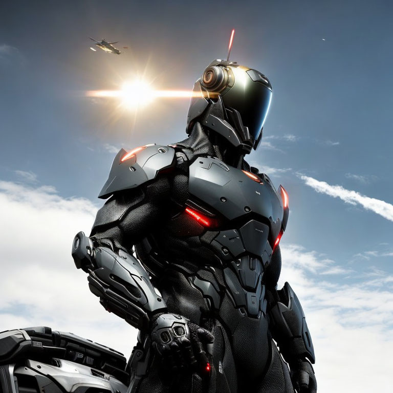 Futuristic black and red robot with flying craft and sun in background