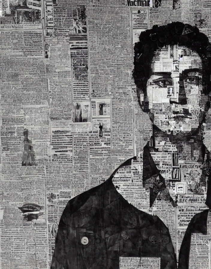 Monochrome newspaper collage of face and torso on textured background