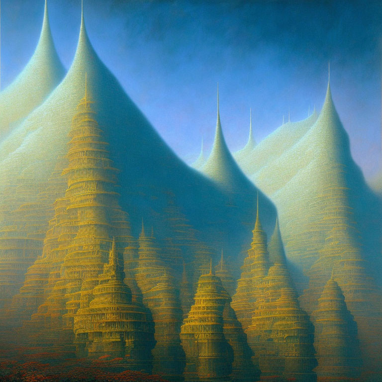 Misty blue surreal landscape with towering spire-like structures