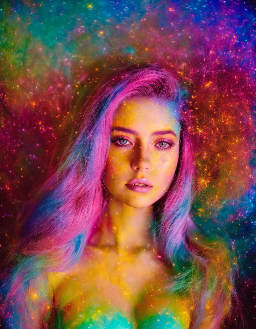 Long pastel hair and cosmic makeup against starry backdrop