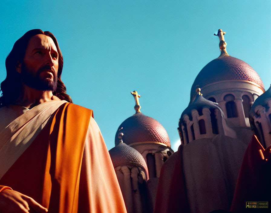 Religious painting of Jesus in red robe with church and blue sky