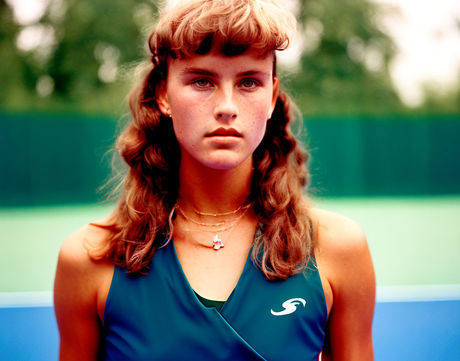 Female athlete with braided hair in blue tank top on tennis court