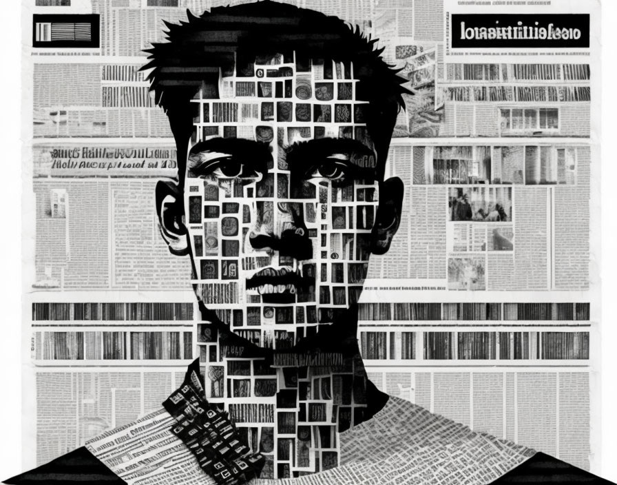 Monochromatic male face camouflaged in intricate newspaper mosaic