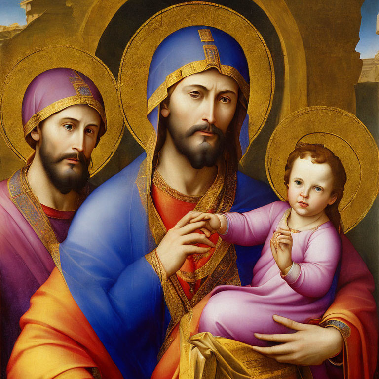 Religious painting with three haloed figures: central bearded man in blue and red robes holding child