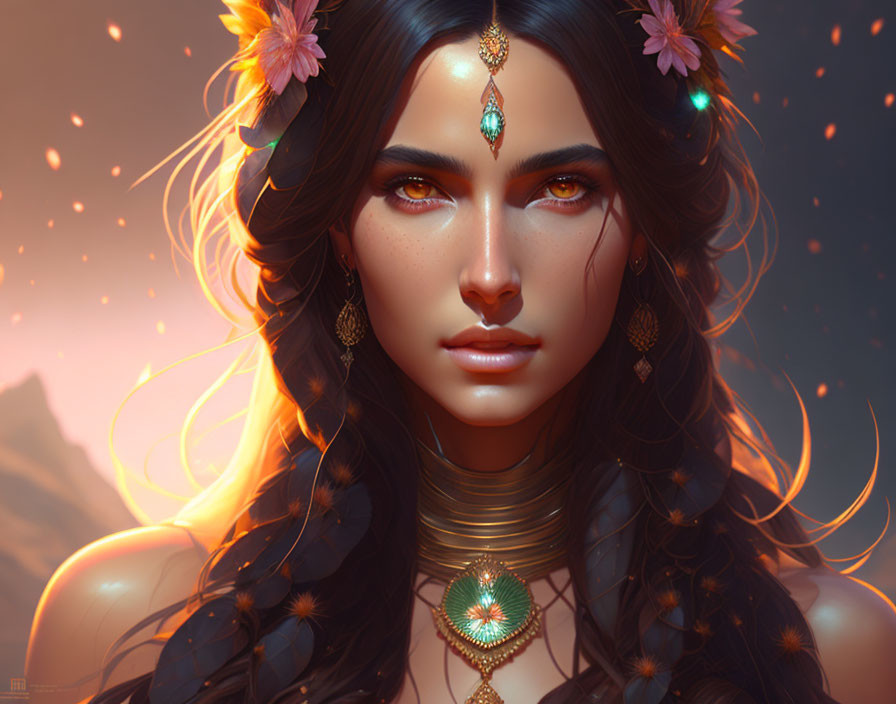 Digital portrait of woman with dark hair, adorned with flowers and ornate jewelry