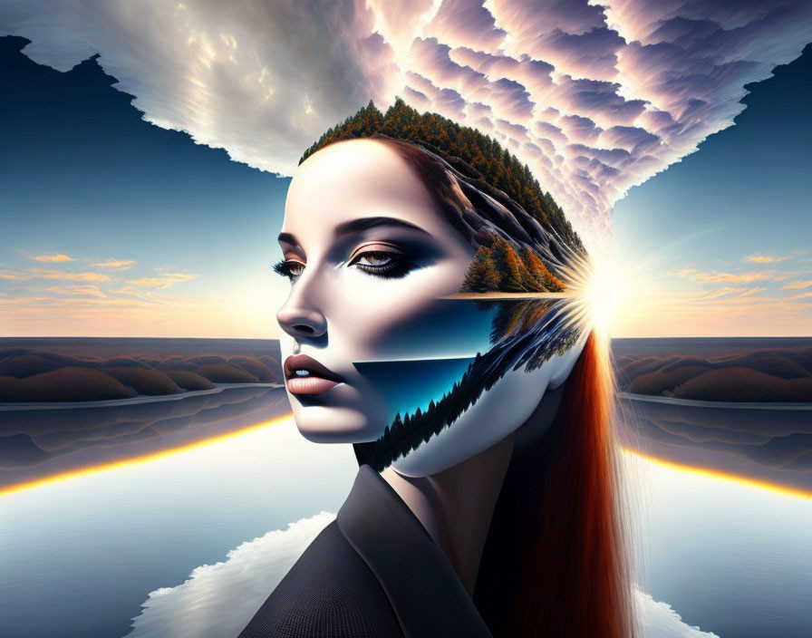 Surreal portrait blending woman's face with landscapes