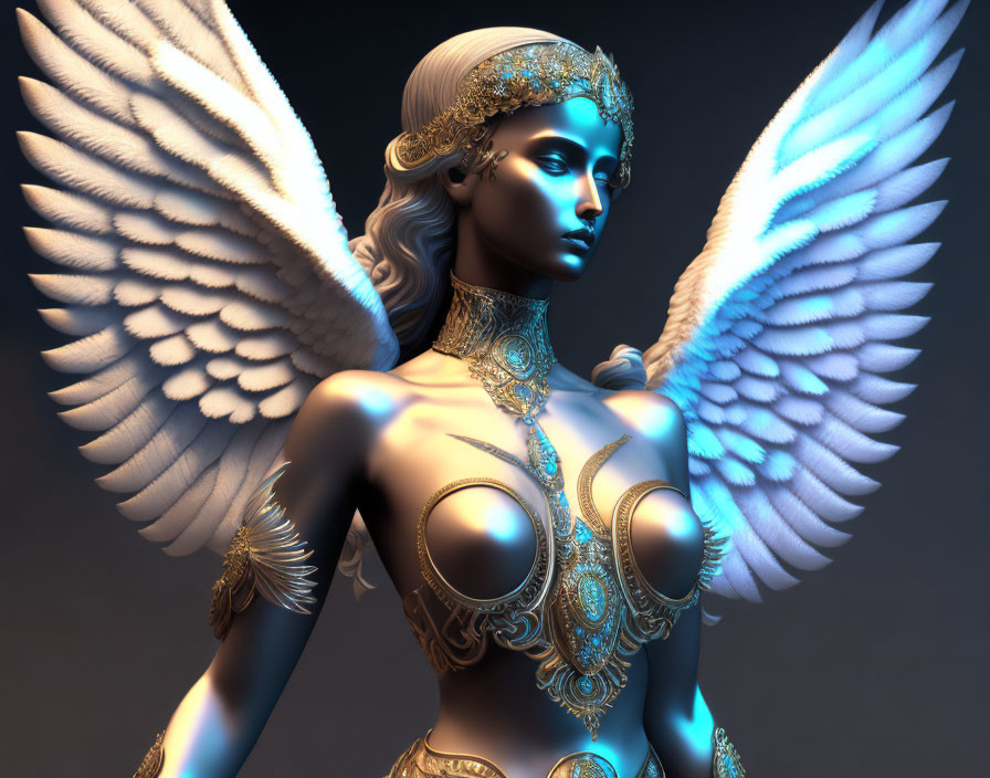 3D rendering of female figure with white wings and gold armor on blue backdrop