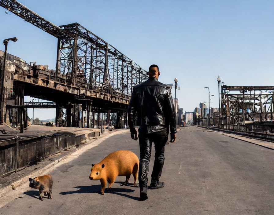 Man in black leather jacket walks on bridge with industrial structures alongside small orange capybara-like animal