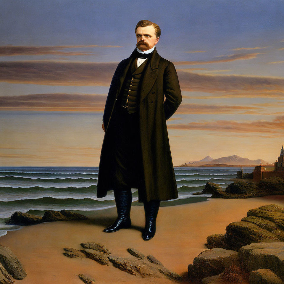 Man in 19th-Century Suit on Beach at Sunset